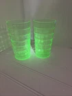 HOCKING GLASS CO. BLOCK OPTIC GREEN URANIUM  4-7/8" TALL FLAT BASE 2 TUMBLERS