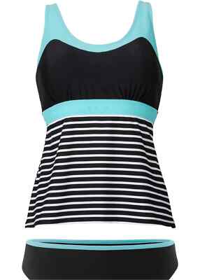 TANKINI NEU! Gr. 36 38 40, schwarz-weiß-türkis, SOFTCUPS + PADS, UNTERBRUSTGUMMI