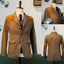 Tweed Men's Safari Jacket Vintage Herringbone Business Slim Fit Casual Tuxedos