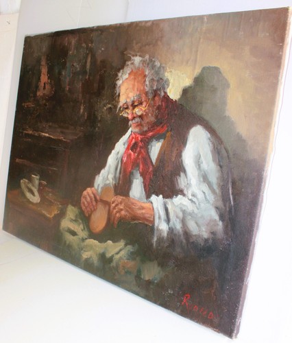 VINTAGE OIL PAINTING ON CANVAS SIGNED RUOCCO ITALIAN OLD MAN PORTRAIT SHOEMAKER - Picture 5 of 9