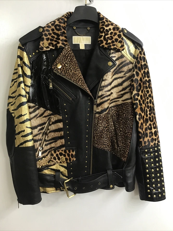 Кожаные черные/коричневые меховые гвоздики Michael Kors модель Bomber с анималистическим принтом размер S