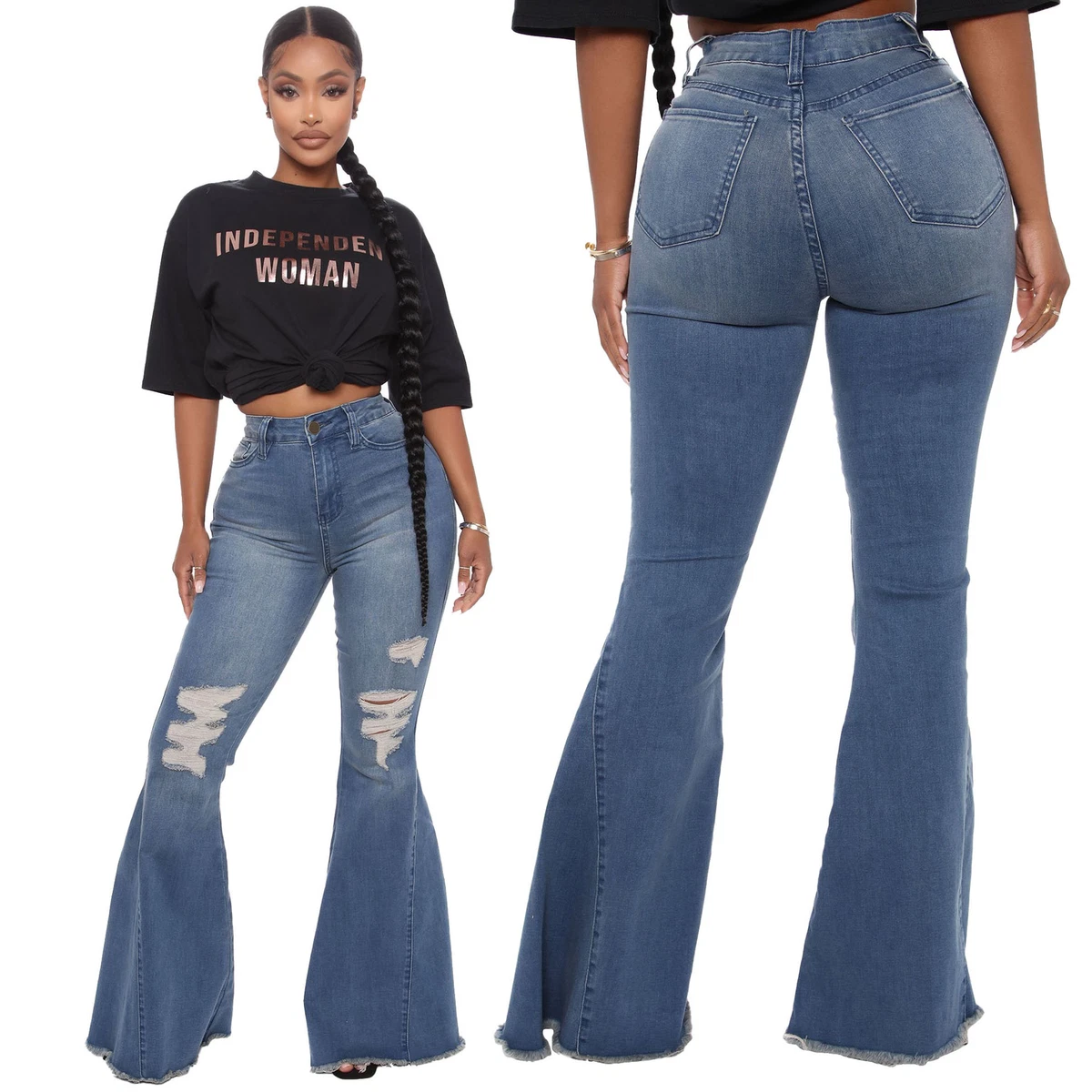 Bell Bottoms Ripped Flare Jeans For Women Back Hollow Out Patchwork Hole  Jeans SALE!