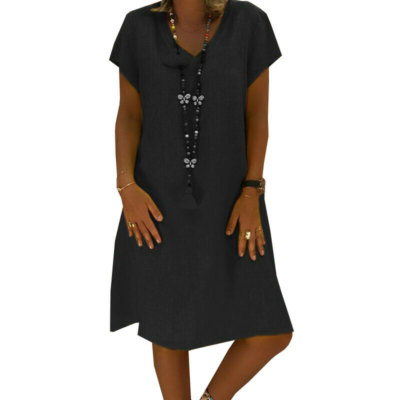 Women Knee-Length Dress Casual Loose Plain V-Neck Kaftan Shirt Dresses Plus  Size | eBay