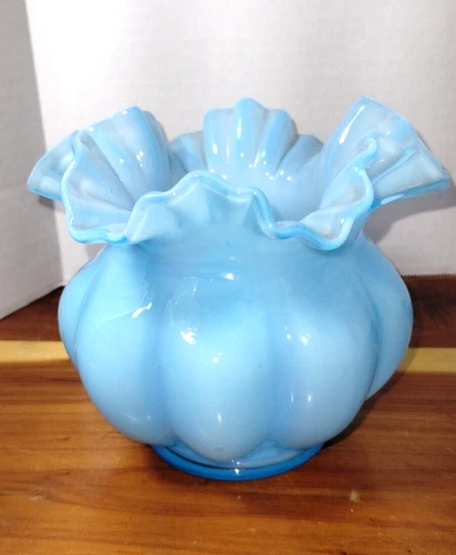 Vintage Fenton, Blue overlay Ruffled glass Melon / Rose Bowl Vase  (C5 HC.CC)