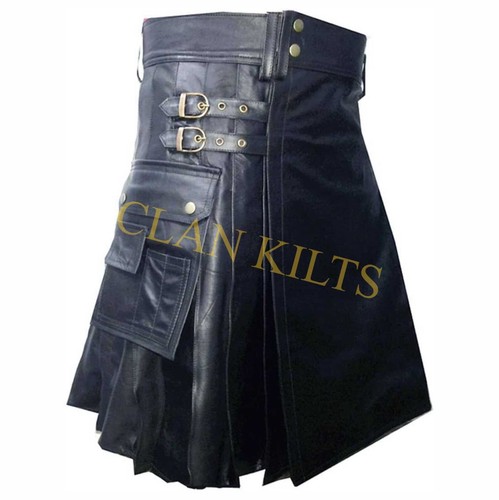 Handmade Traditional Pure Black Cow Leather Utility Kilt For Men Custom Size - Picture 2 of 4