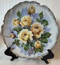 UCAGCO Japan Signed Ceramic Plate Yellow Roses Gold Trim 9in Vintage Circa 1950