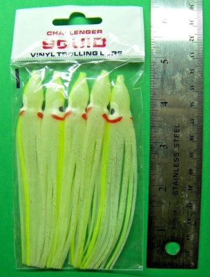 4-1/2'' Octopus Squid Challenger Saltwater Trolling Lure Vinyl Skirt Glow 5 Pack