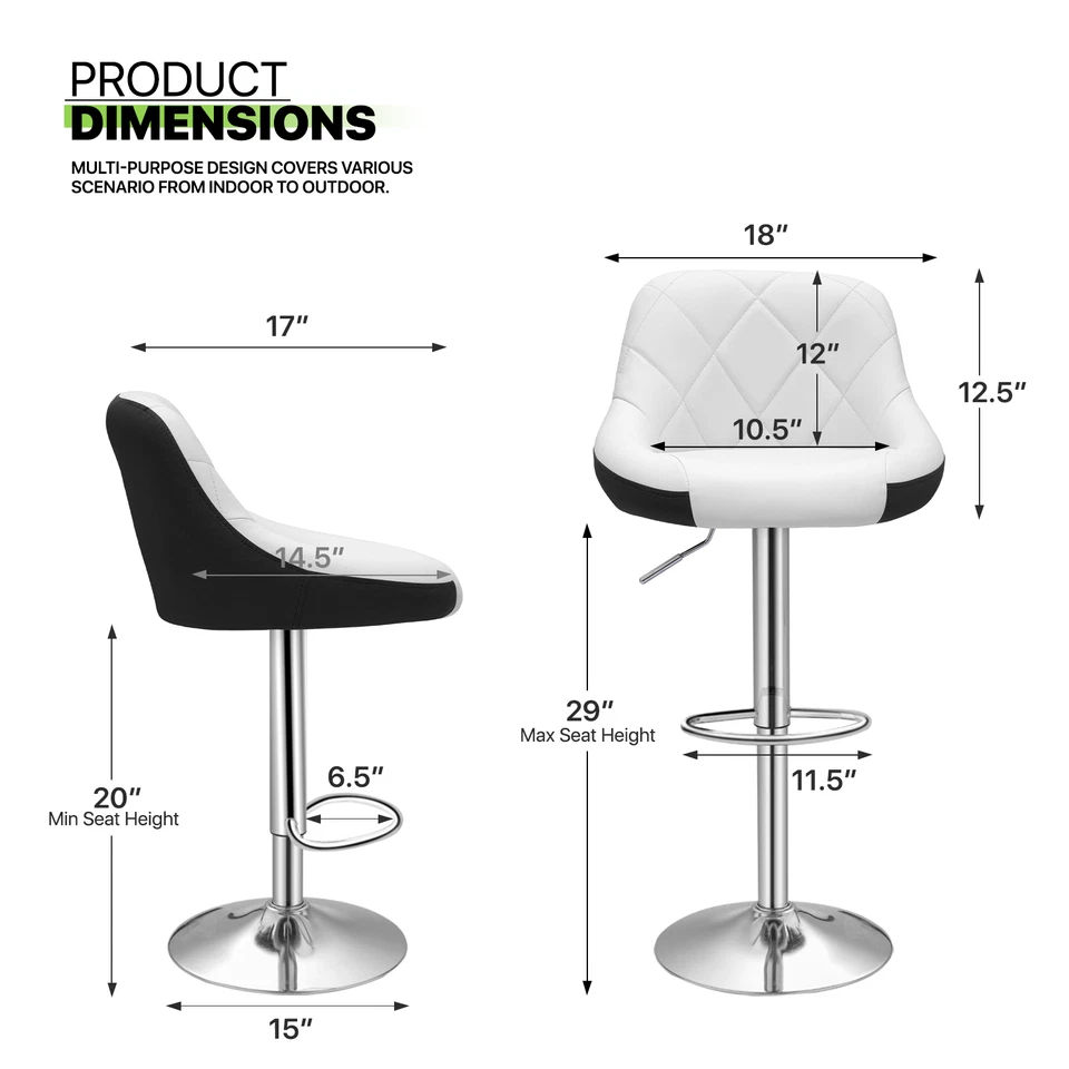 Model Mix Black & White Bar Stool Chair Adjustable Home Counter - Set of 2 - Image 3 of 4