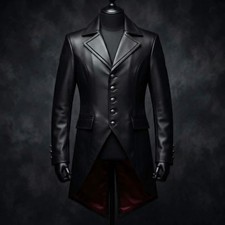 Black Leather Gothic Tailcoat, Victorian Vampire Costume Coat with Red Lining