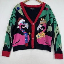 33 Degrees Ugly Christmas Cardigan Sweater Size XL Blingy Pink Flamingo Holiday
