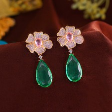Women Gold Plated Pink Flower Green Teardrop Cubic Zirconia Long Dangle Earrings