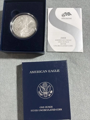 2008w US MINT .999 SILVER UNC. COIN AMERICAN EAGLE ONE (1) OUNCE BOX/CASE/COA