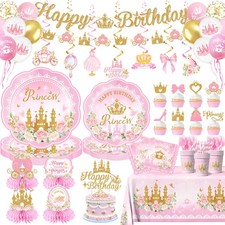 196Pcs Princess Birthday Party Decorations Serves 24,Pink Pink