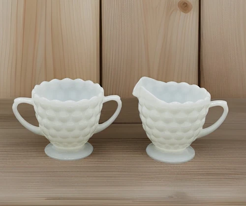 Vintage Small Fenton White Milk Glass Hobnail  Cream and Open Sugar Bowl 3.5" T