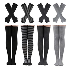 4 Sets Womens Striped Knee High Socks Long Knit Arm Warmers Fingerless Gloves...