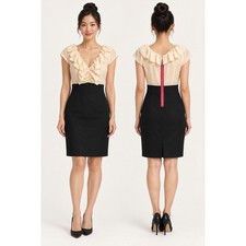 Rebecca Taylor Ruffle Silk Linen Colorblock Sheath Dress Cream Black Size 2