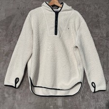 Women s Tommy Hilfiger White Sherpa Hoodie Sweater Sz L Zip Up Cozy Warm Winter