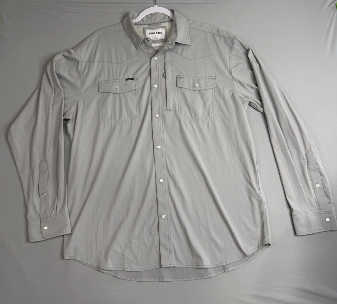 Poncho Western Shirt Mens Large Grey Long Sleeve Pearl Snap Utility Fish Rodeo