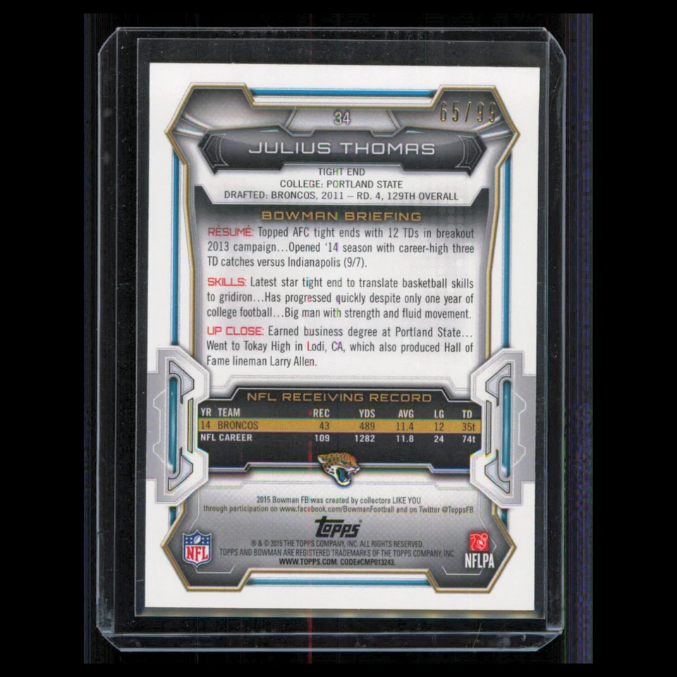 Julius Thomas /99 #34 2015 Bowman Veterans Blue Jacksonville Jaguars Football NM - Image 2 of 3