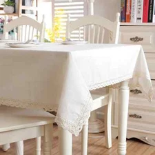 Linen Cotton Thicken Solid Tablecloth White Lace Hem Splice Washable Table Cloth