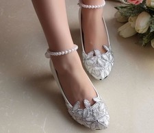 Bling Flower Wedding Lace Pearl Prom Bridal Bridesmaid Flat High Low Heels shoes