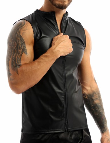 Herren Kunstleder T-Shirt Slim Fit Tops Muskelshirt Oberteile Unterhemd Clubwear - Picture 22 of 58