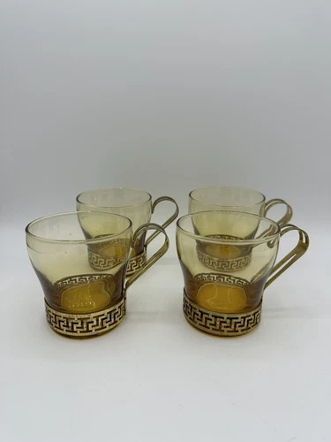 Libbey Glass Greek Key Amber Glass and Gold Coffee/Tea  set of 4