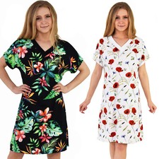 Einfarbiges Nachthemd Pyjama V-Ausschnitt 100% Baumwolle Mohnblumen Blumen XS-XL