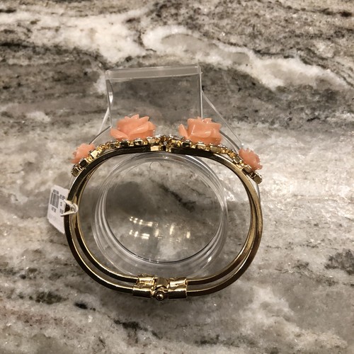Bracciale dichiarazione morsetto rosa pesca con strass trasparenti tono oro - Foto 4 di 7