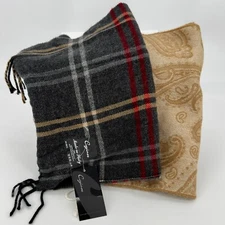 Lot of 2 Cejon Acrylic Knit Scarf Gray Red Yellow Plaid & Yellow Ivory Paisley