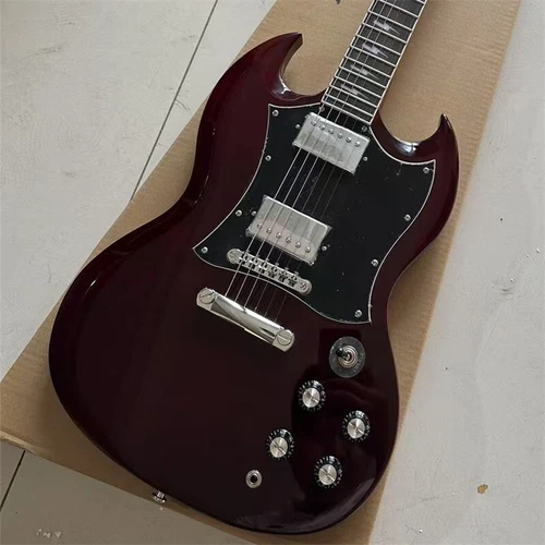 Custom SG wine-red electric guitar with black Pickguard, lightning inlay