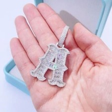 3Ct Baguette Cut Simulated Diamond  Custome A Letter Pendant 2 White Gold Plated