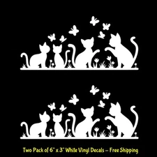 Cats Kittens Butterflies 2 Pack 6" White Vinyl Decals Car Window Mailbox Laptop