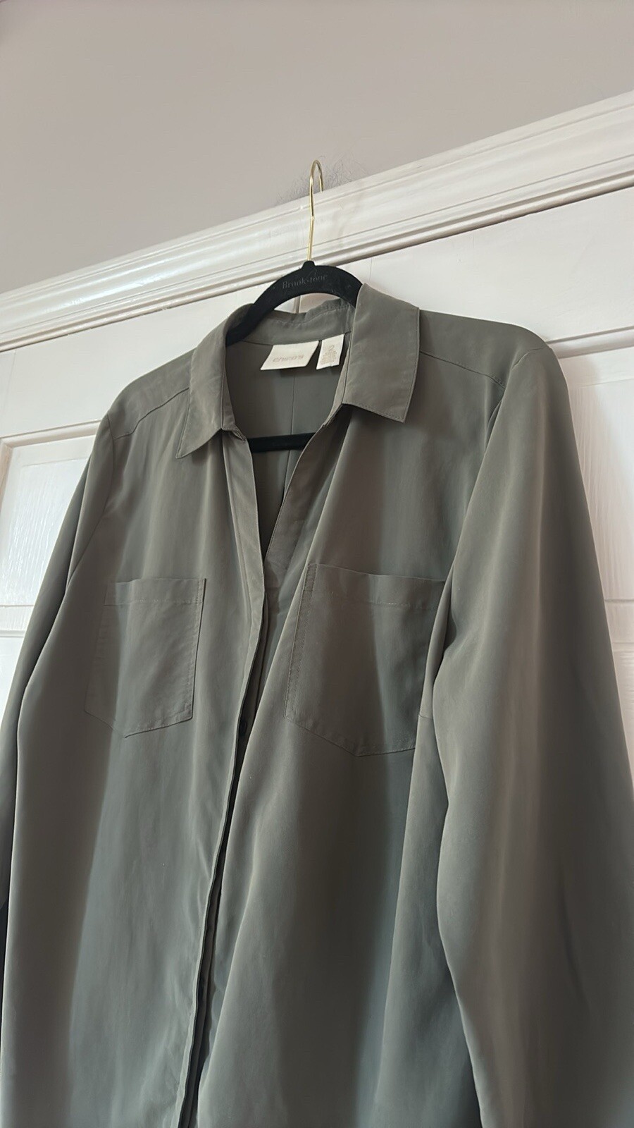 Chico’s Size 2 Olive Solid Hidden Button Down Uti… - image 2
