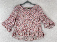 Cynthia Rowley Pink Floral Print Peplum Shirt Womens V-Neck 3/4 Sleeve Size S