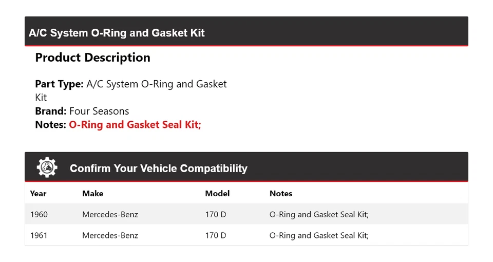 Kit de juntas y junta de sistema de aire acondicionado para Mercedes-Benz 170 D 1960-1961 4 estaciones Foto 2 de 4