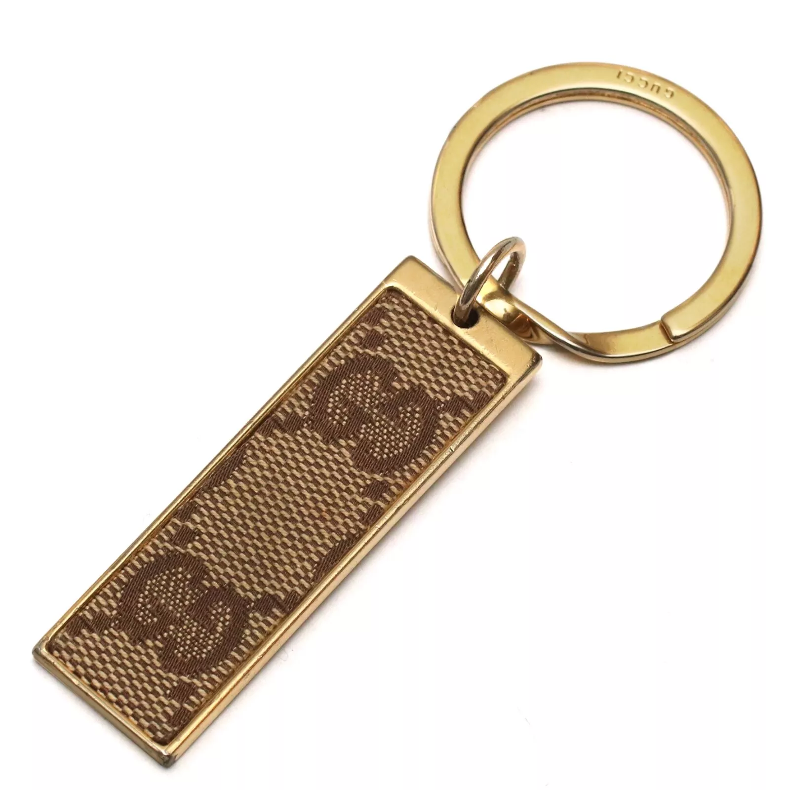 Porte clés Gucci GG Supreme toile et métal ton or Italie vintage