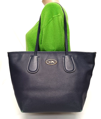 COACH TAXI MIDNIGHT BLUE GROSSGRAIN LEATHER ZIP TOP TOTE HANDBAG COACH TAXI MIDNIGHT BLUE GROSSGRAIN LEATHER ZIP TOP TOTE HANDBAG