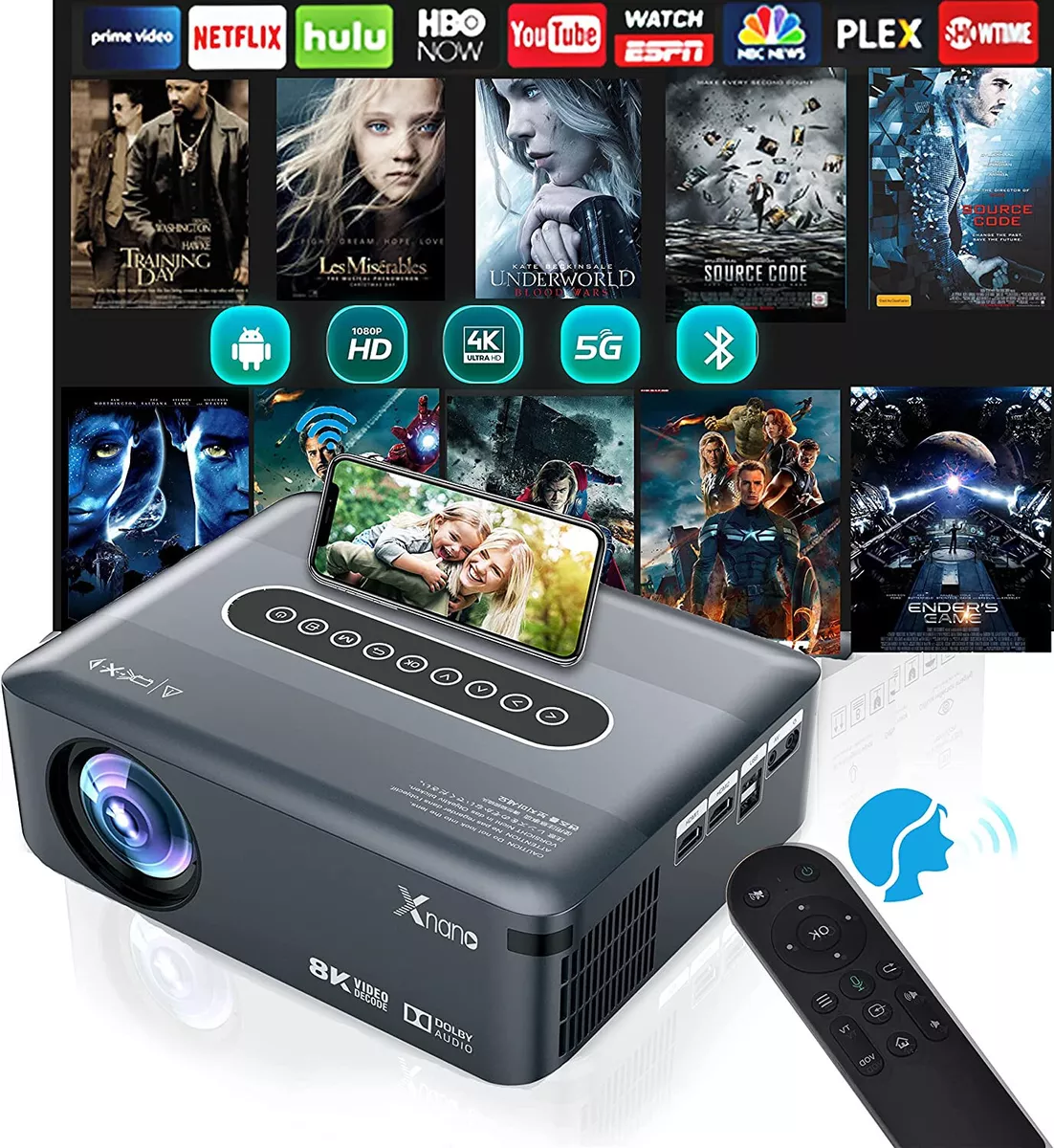 5G WiFi X1 Projector Native 1080p UHD AI Voice Control 12000LM Bluetooth 8K