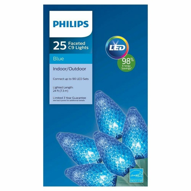 New ! Philips 25ct. LED Faceted C9 String Lights Blue Bulbs Green