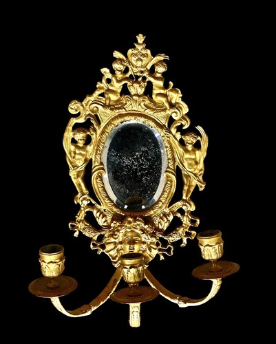 Antique Girandole Mirror Three Candle Wall Sconce cherubs - Picture 7 of 12