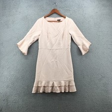 Ann Taylor A-Line Tiered Dress Womens 4 Pink 3/4 Sleeve Zip Back Ruffled Trim