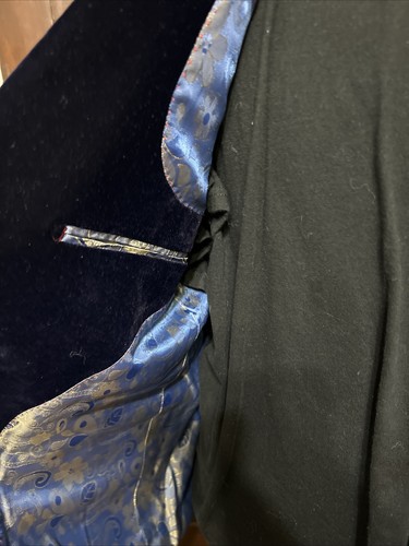 Insomnia Mens Blazer Blue Plaid Elbow Patch Sz L Sz 38 40 Jacket Velvet Trim - Picture 10 of 14