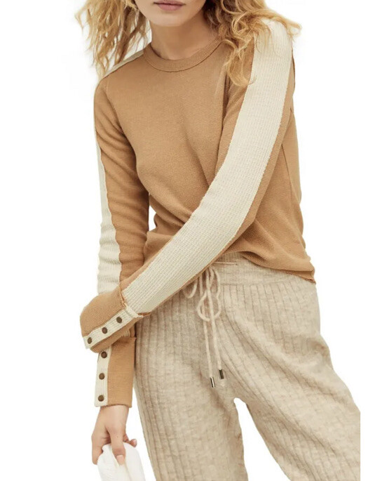 Термофутболка Free People Tasha с манжетами на пуговицах из цветного блока цвета охры Combo L