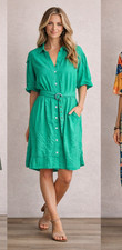 Ebby N I Shirt Dress Size 14 Green Belted Button Front Puff Sleeve Relaxed