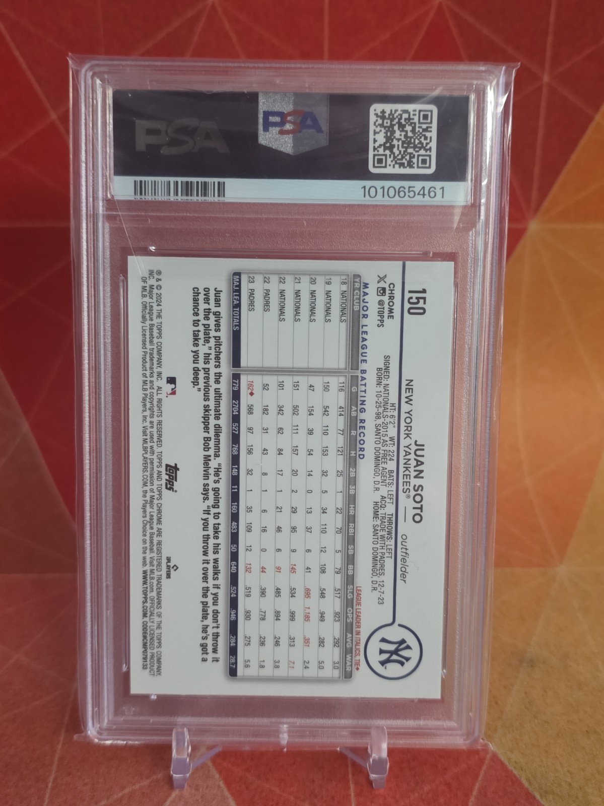 2024 Topps Chrome Logofractor 150 Juan Soto Gold Refractor /50 PSA 9 view 2