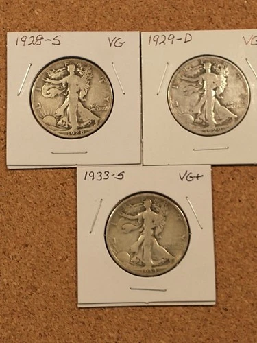 3 Low Mintage Liberty Walking Half Dollars, 28-S VG, 29-D VG, 33-S VG+