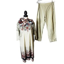 Pakistani Indian Ethnic Wear Kurta Pants Set Scarf Floral Print 3 Piece