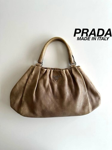PRADA Logo Leather Tote Bag Beige Brown Vintage Authentic 90s Leather Handbag