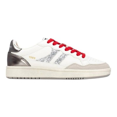 Teddy Smith Damen Sneaker weiß mit silbernen Strasssteinen und roten Schnürsenkeln